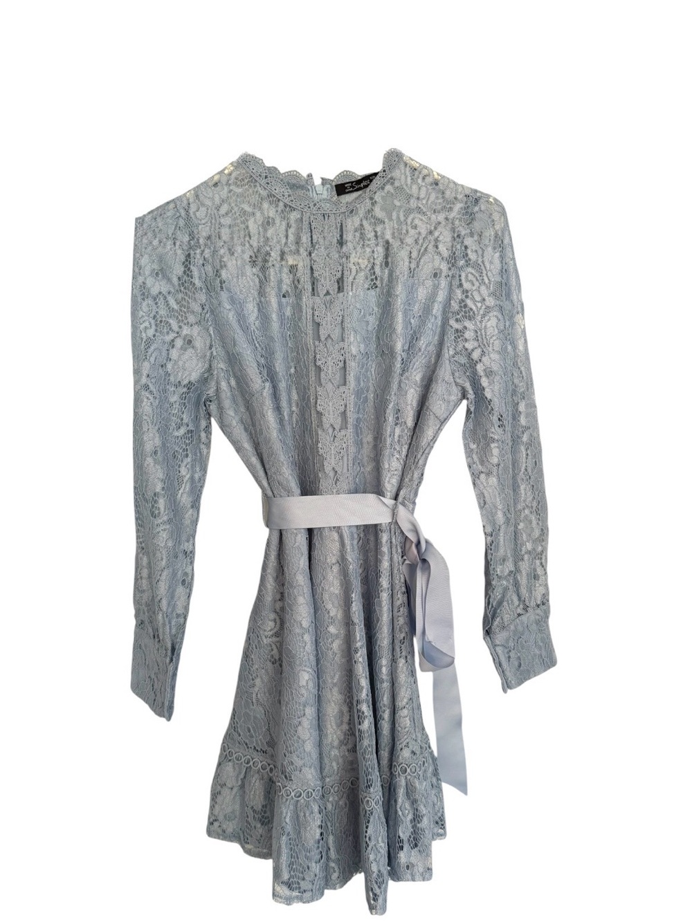 Simplee Apparel Light Blue Lace Long-Sleeve Mini Dress with Satin Waist Tie